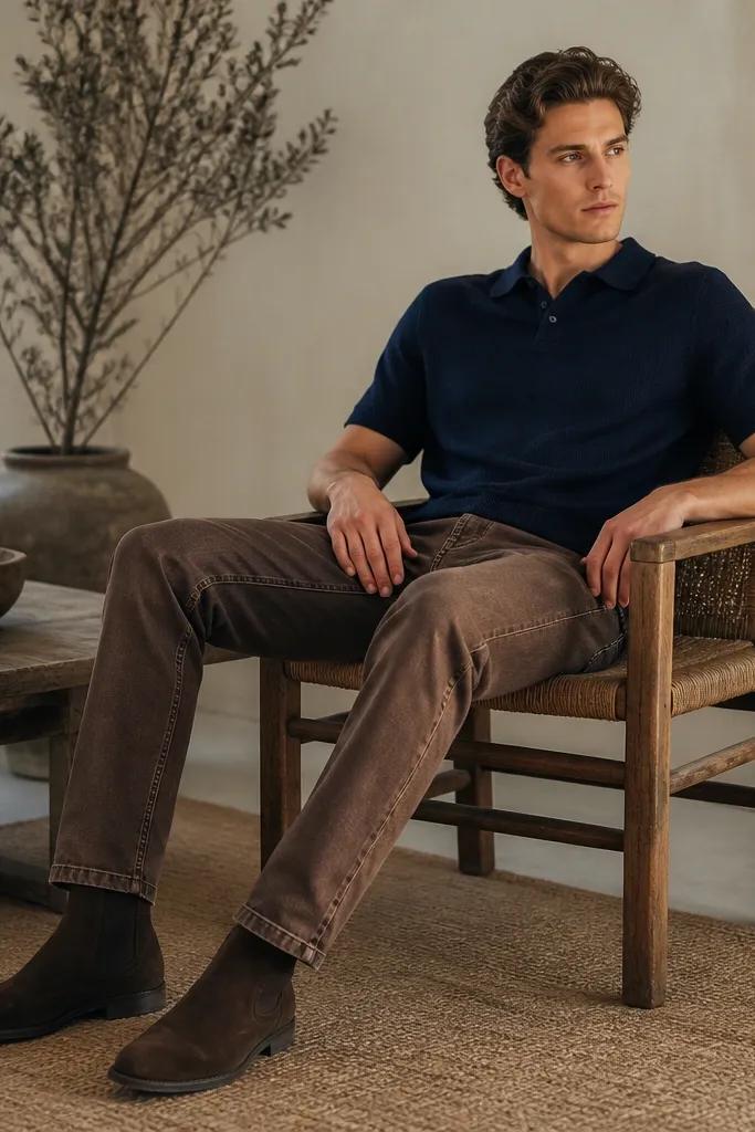 A styled casual look with a navy knit polo, brown-wash denim jeans, and dark brown suede Chelsea boots. The polo collar sits flat and the jeans show a subtle taper.