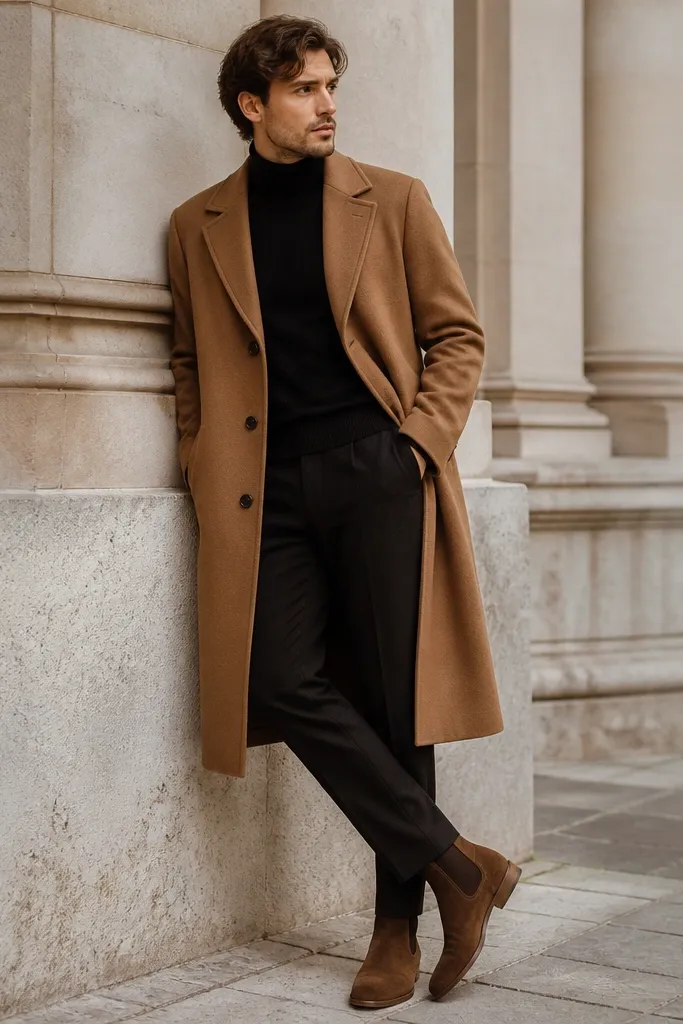 A man wearing a camel overcoat over a black turtleneck, black trousers, and cinnamon-brown suede Chelsea boots. The overcoat hem falls around mid-calf.