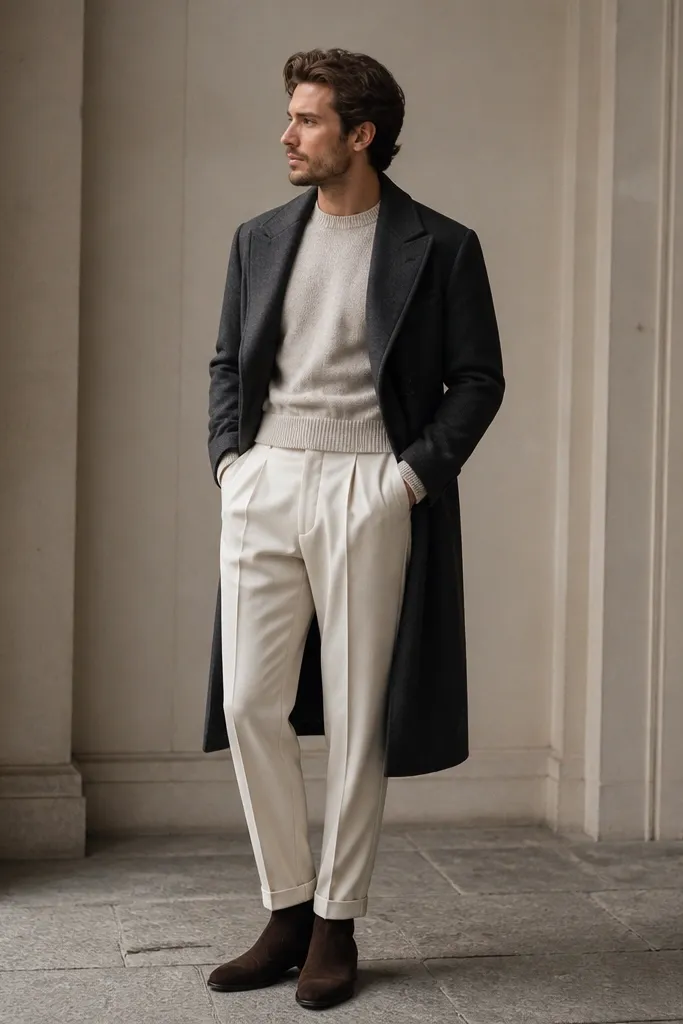 A man in an off-white trouser and a charcoal overcoat, wearing espresso-brown suede Chelsea boots. The outfit has a clean, monochrome feel with warm contrast at the boots.