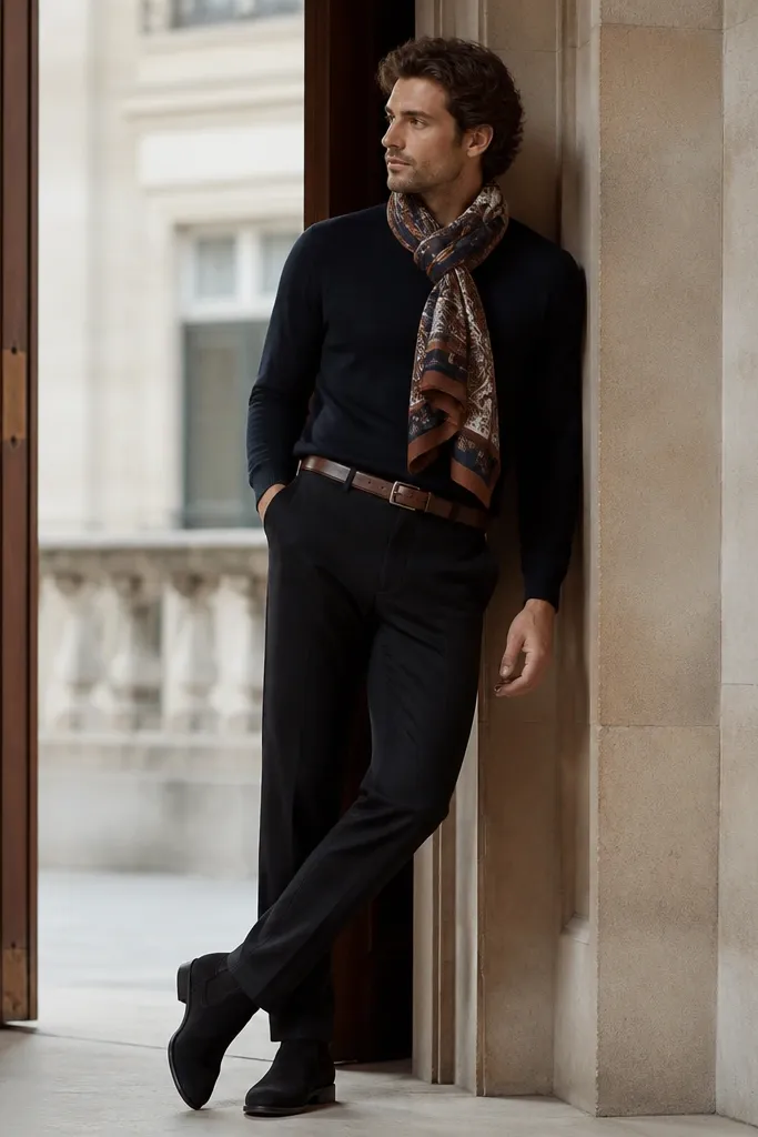 A mixed-tone outfit: black suede Chelsea boots paired with a brown leather belt and a patterned scarf in brown, cream, and navy. The trousers are dark and straight.