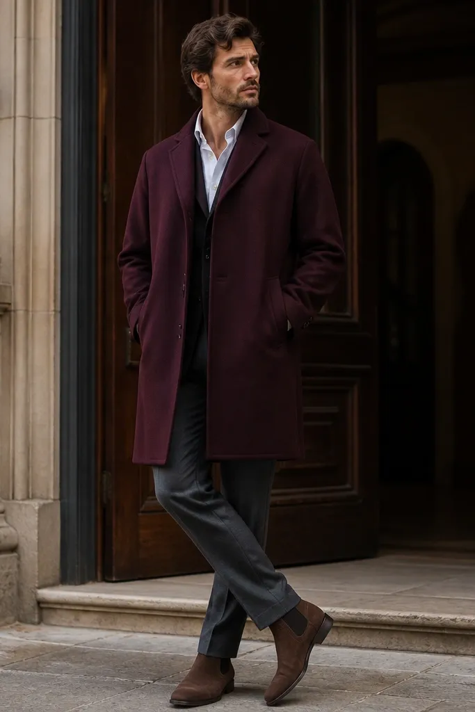 A man wearing chestnut suede Chelsea boots with gray suit trousers and a burgundy overcoat. A light shirt peeks at the collar, and the outfit looks formal but relaxed.