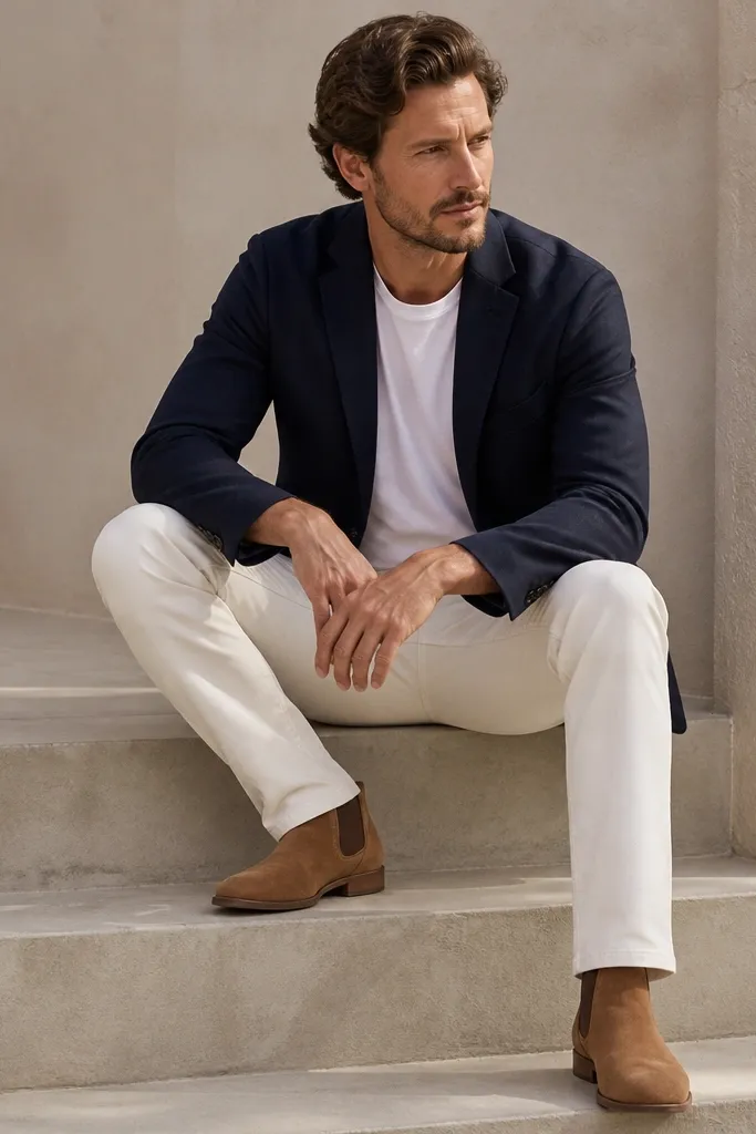 A man in a navy blazer over a white tee and white chinos, wearing camel-brown suede Chelsea boots. The blazer sleeves are tailored and the hem shows a slight break over the boots.