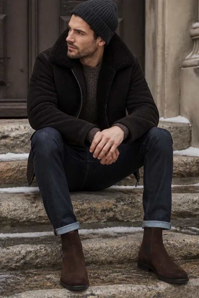 A cold-weather outfit: deep brown suede Chelsea boots with a black shearling-lined jacket, dark denim jeans, and a knit beanie. The boot toe is clean and the jacket collar is fluffy.