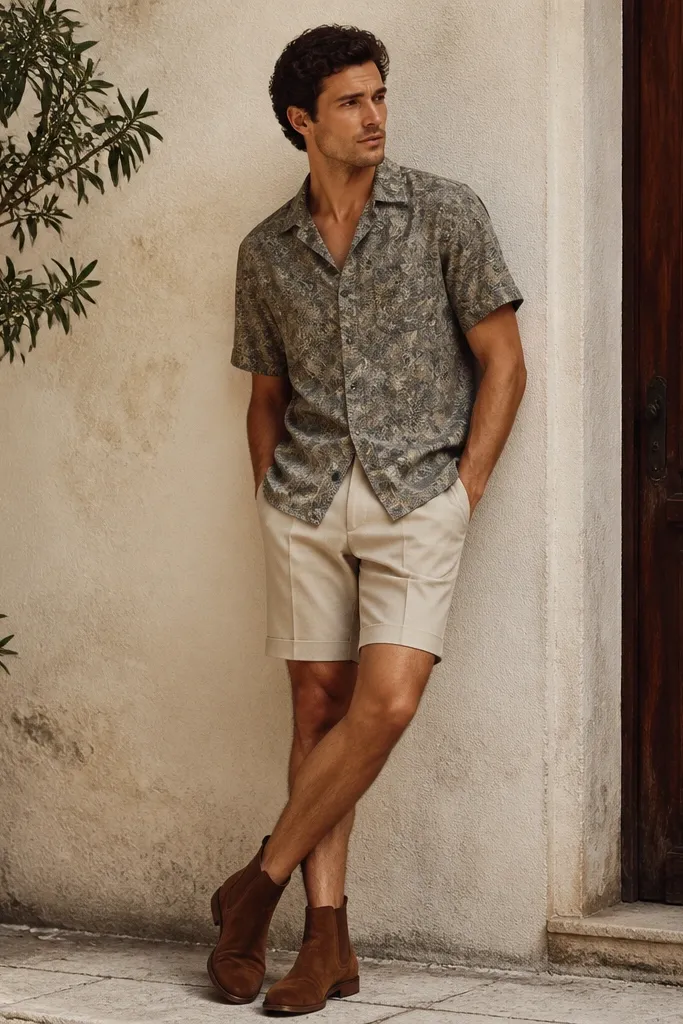 A summer outfit featuring a patterned short-sleeve shirt in muted tones, tailored shorts with a clean hem, and warm cocoa suede Chelsea boots. The styling shows a deliberate ankle line.