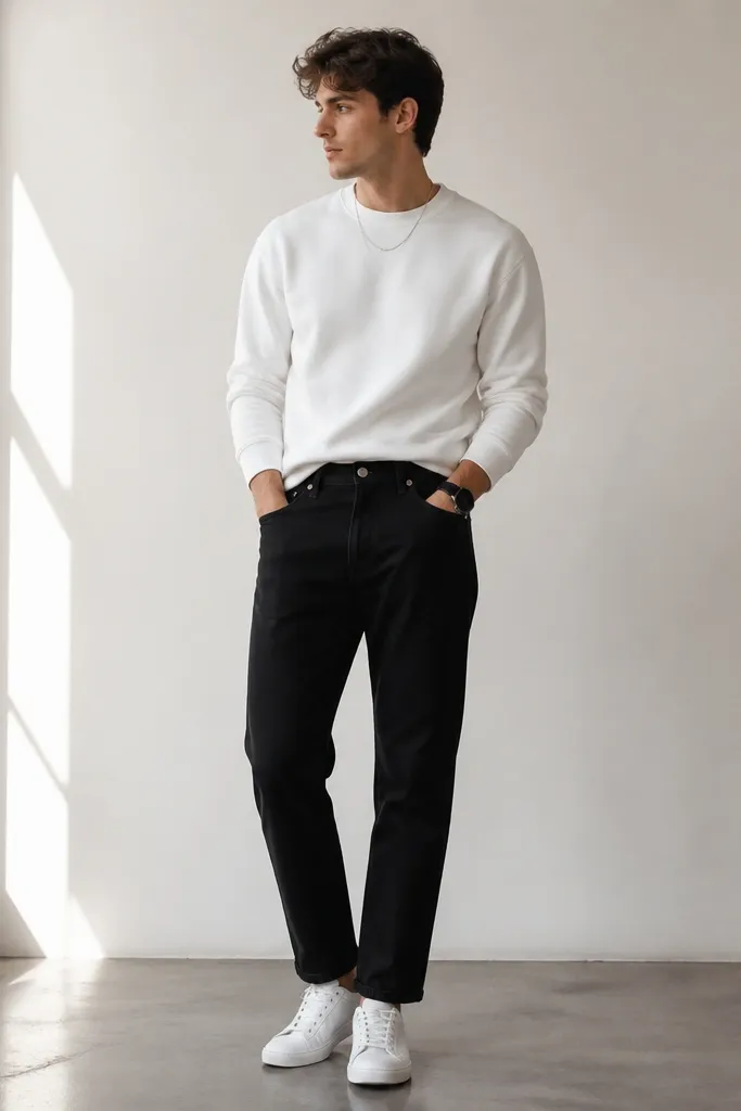 A man in a white crewneck sweatshirt tucked slightly into black straight-leg jeans, wearing crisp white low-top sneakers. A black watch band and a simple silver chain are visible; the waistband sits flat and the hem shows a small gap above the shoe.