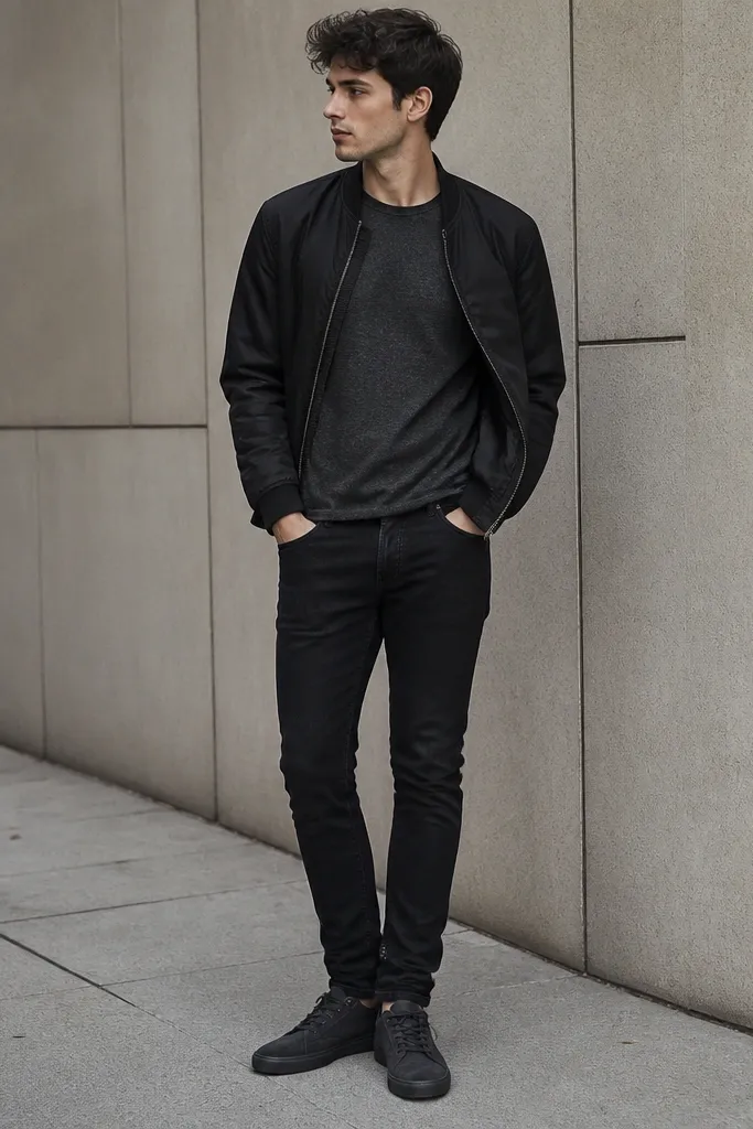 A person wearing a heather charcoal long-sleeve shirt layered over black jeans, with a black bomber jacket partially open. The shoes are dark gray suede sneakers; the outfit is monochrome with subtle fabric texture.
