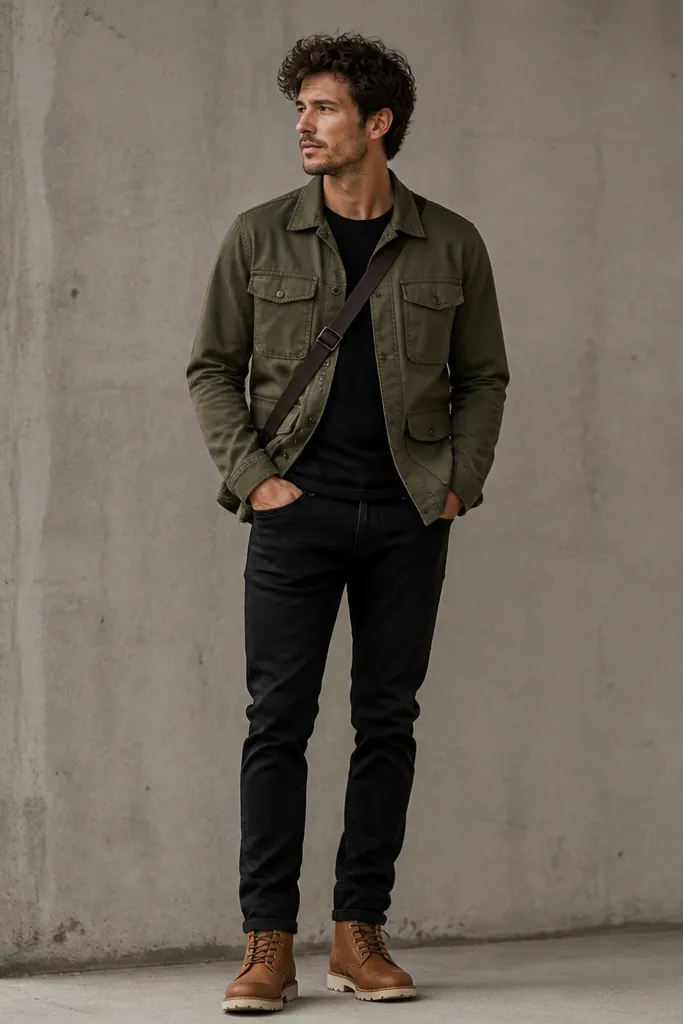 A man wearing an olive green utility jacket with flap pockets over a black tee, paired with black jeans. He has tan leather boots with a slightly rugged sole, and a crossbody strap across his chest.