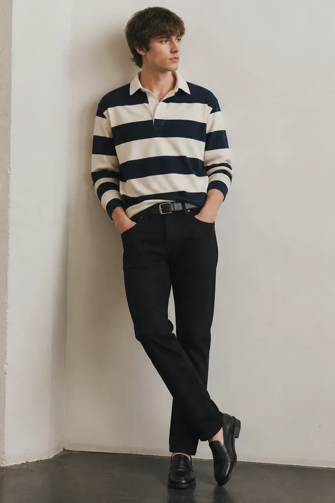 A striped rugby polo in navy and off-white with a collar, worn untucked over black jeans. The shoes are black leather loafers; a slim black leather belt is visible.