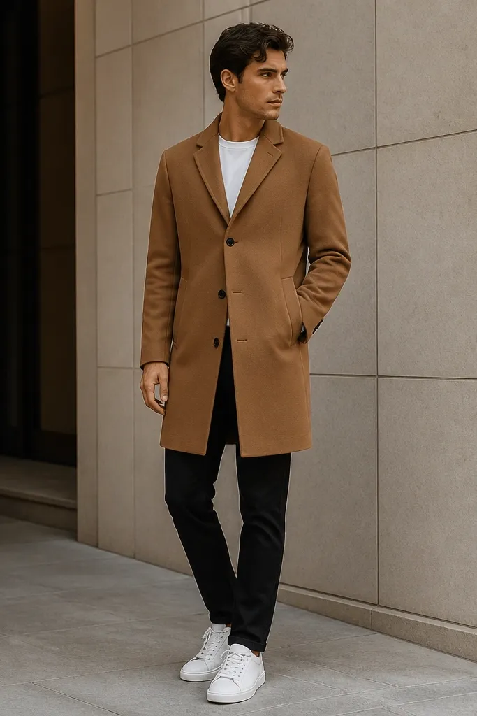 A camel-brown overcoat worn over a plain white tee, with black slim-straight jeans and white sneakers. The coat is buttoned, and the sleeves show a slight break at the wrist.