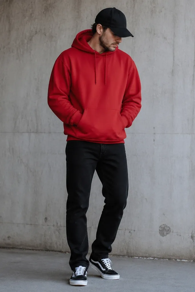 A red pullover hoodie worn over black jeans, paired with black-and-white sneakers. The hoodie hem covers the waistband slightly, and a black cap sits low over the forehead.