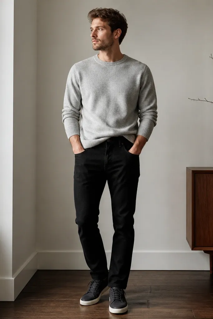 A light gray knit sweater worn with black jeans and dark gray sneakers. The sweater is slightly tucked at the front, and the cuffs sit neatly above the wrists.