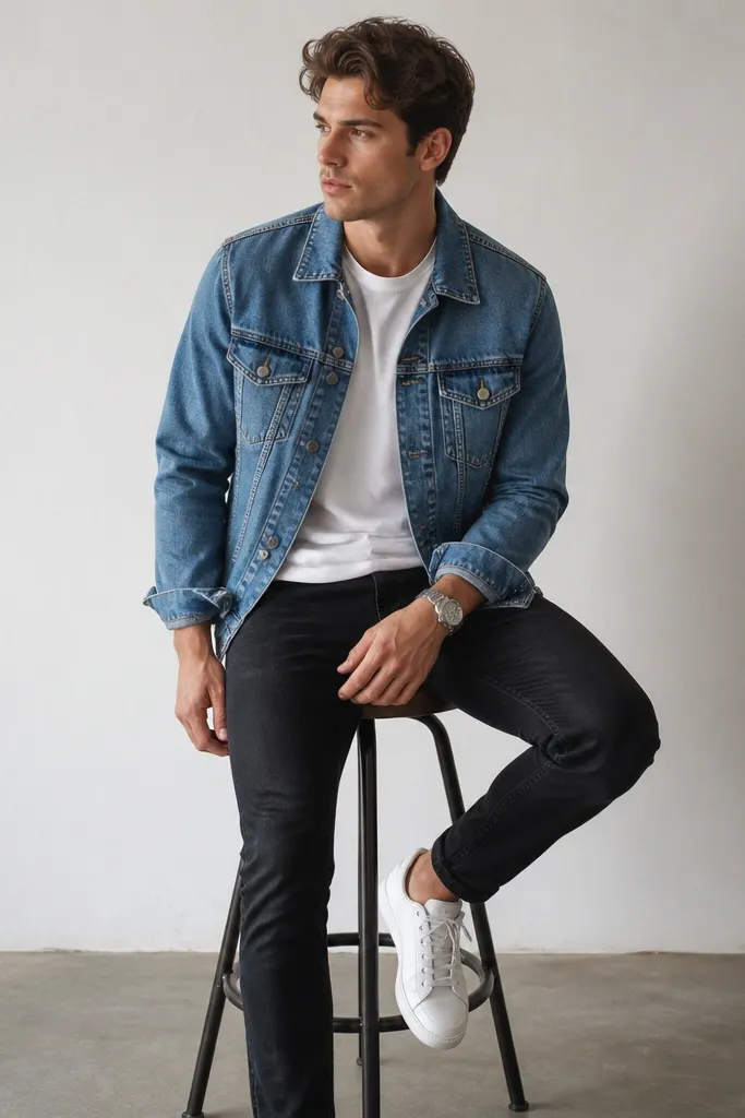 A mid-wash blue denim jacket worn over a white tee and black jeans. The outfit includes white sneakers and a simple silver watch; the denim jacket has visible seams and a slightly cropped length.