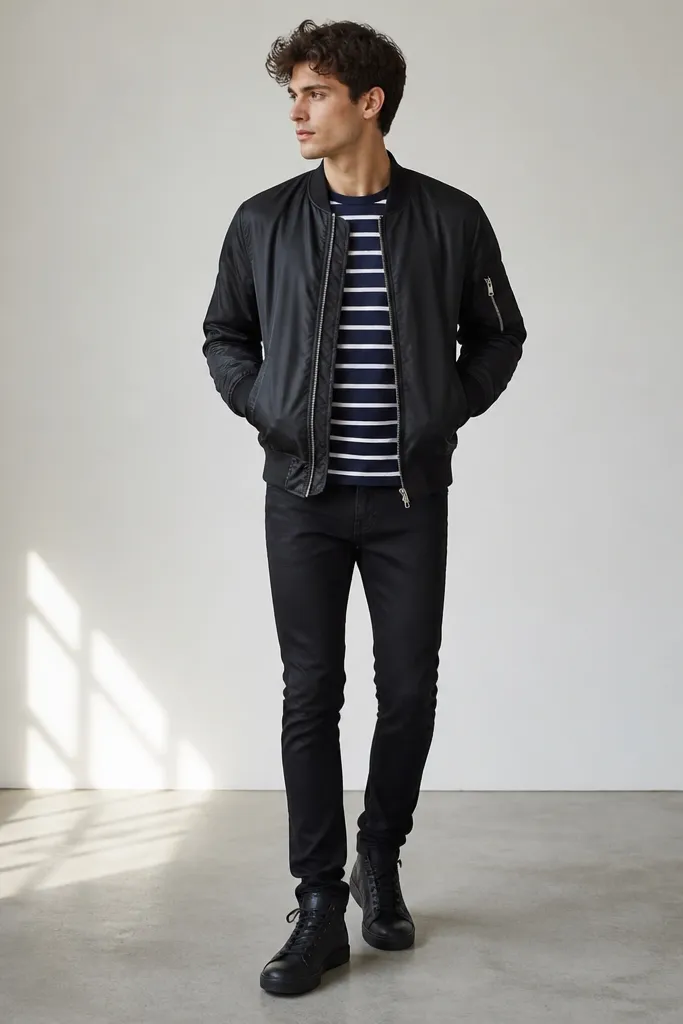 A black bomber jacket worn over a navy-and-white striped tee, with black jeans and black high-top sneakers. The bomber has ribbed cuffs and a slightly shiny nylon finish.