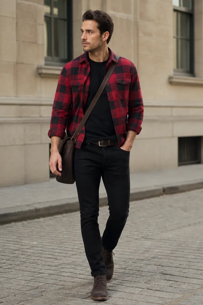 A red-and-black flannel button-up worn slightly open over a black tee, with fitted black jeans and dark brown chukka boots. A thin belt and a small messenger bag are visible.