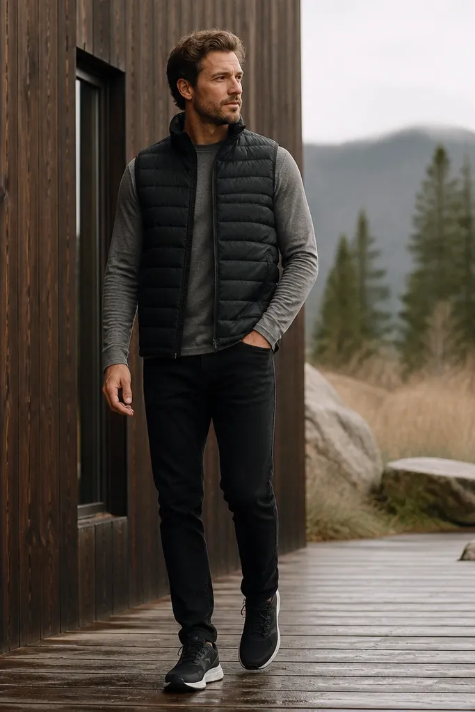 A black puffer vest over a long-sleeve gray tee, with black jeans and black running-style sneakers. The vest has quilted panels and a high collar; the outfit looks layered and practical.