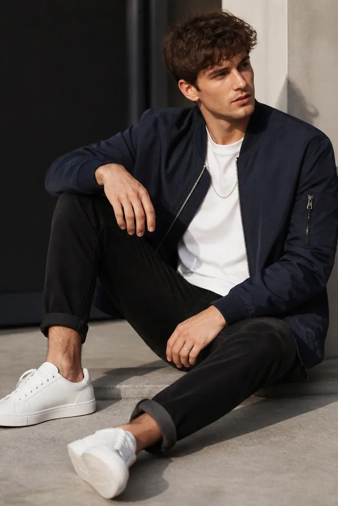 A navy bomber jacket worn over a white tee, with black jeans cuffed once to show the ankle. The shoes are white sneakers with a low profile; a simple chain sits at the collar.