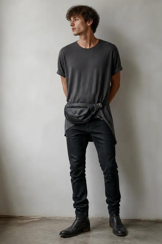 A charcoal long t-shirt worn over black jeans, with a slight drape at the hips. Dark leather boots are visible, and the shirt hem hangs longer in the back. A belt bag sits at the waist.