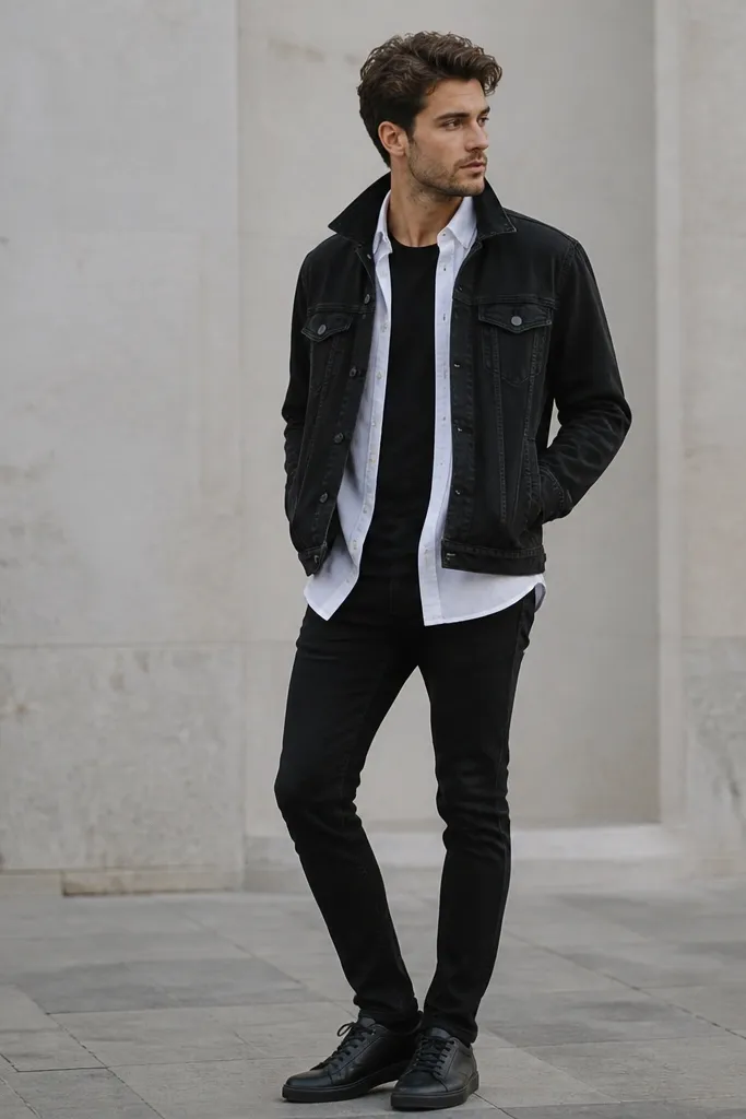 A white button-up shirt worn partially open over a black tee, with a black denim jacket over top. Black jeans and black leather sneakers complete the look; the collar is crisp.