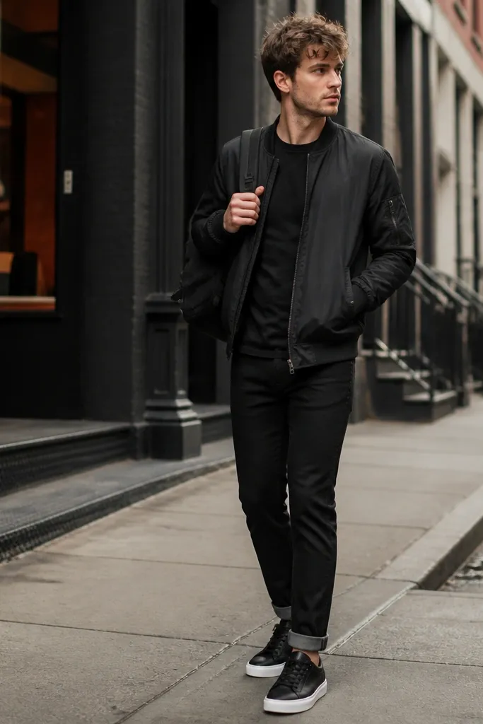 A black graphic tee worn under a bomber jacket, paired with black jeans that have a subtle single cuff. The shoes are black sneakers with white soles; a dark backpack is visible.