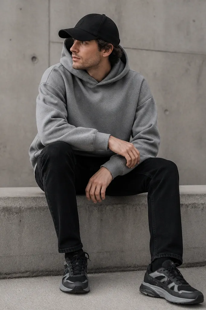 A medium-gray hoodie worn with black jeans and black-and-gray runner sneakers. The hoodie is slightly oversized but sits clean at the shoulders; a black cap completes the look.