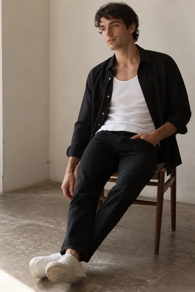 A white tank top worn under an open black overshirt, with black jeans and white sneakers. The overshirt has a lightweight woven texture, and the tank hem shows at the waistband.
