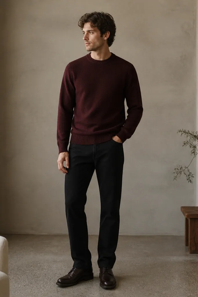 A burgundy knit sweater worn with black jeans and dark brown leather shoes. The sweater sleeves sit comfortably at the wrists, and the jeans have a straight leg with a slight break over the shoe.