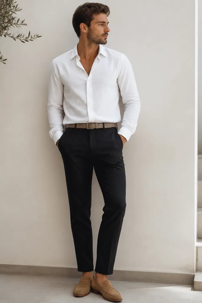 Model wearing black linen taper pants with a white oxford button-down left slightly unbuttoned at the collar, tan suede loafers, and a light brown belt. The outfit looks crisp with natural linen wrinkles at the knees.