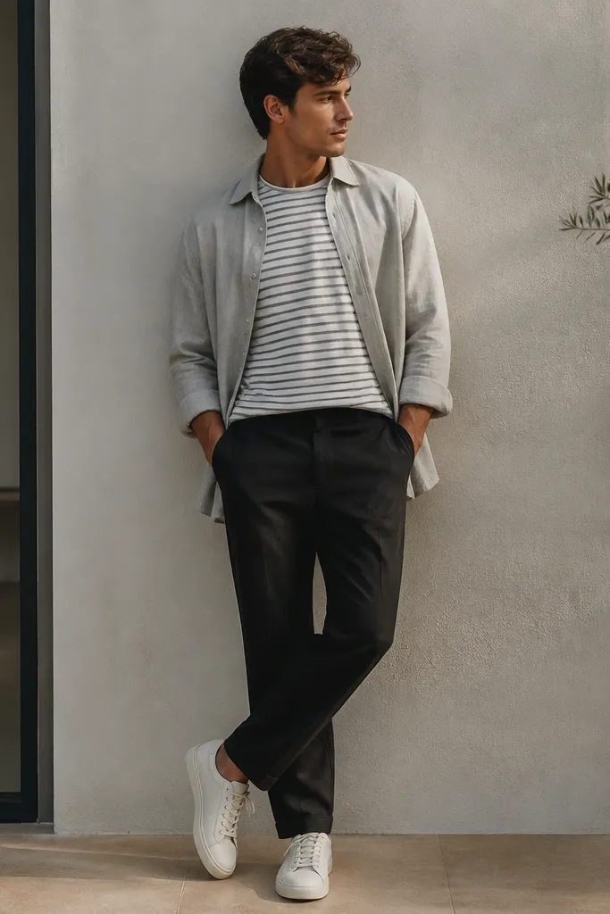 Black linen pants with a white-and-gray horizontal striped tee underneath a light gray overshirt. Sneakers are off-white, and the overshirt is worn open with a relaxed drape.