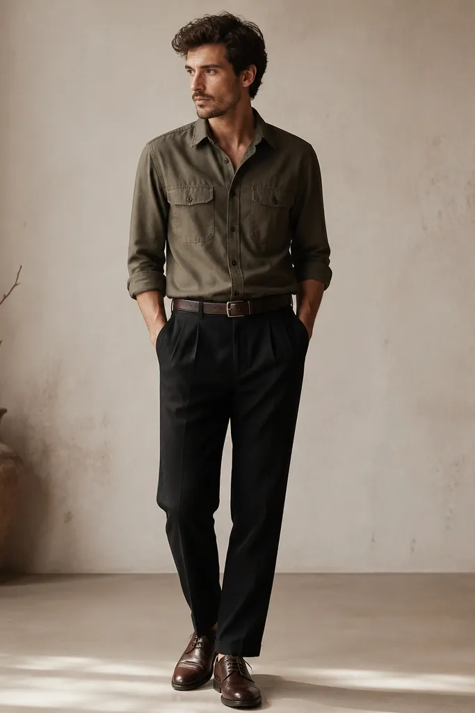 Black linen pants paired with an olive utility button-up shirt with flap pockets. Brown leather derby shoes and a dark brown belt complete the look.
