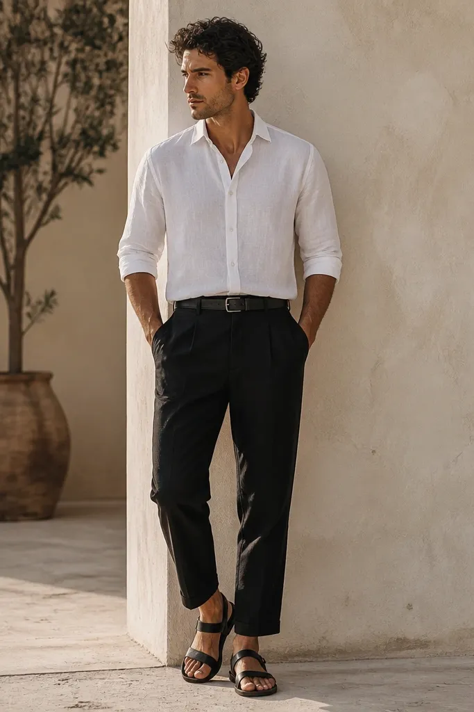 Black linen pants with a white short-sleeve button shirt, sleeves unrolled to mid-forearm. A thin black leather belt and black leather sandals are visible.