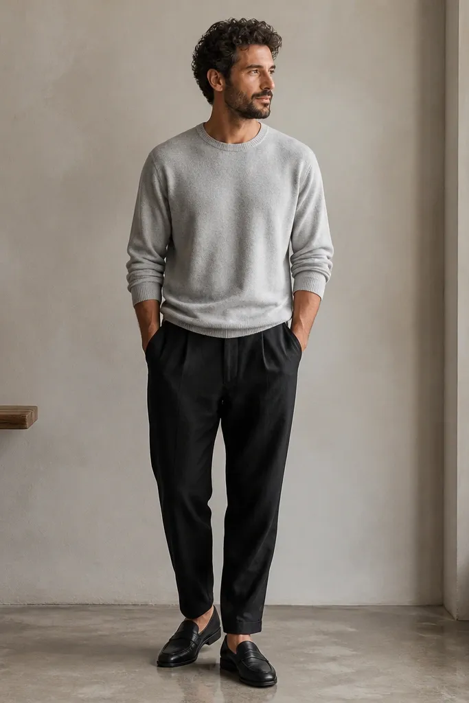 Black linen pants with a light gray crewneck sweater worn slightly loose, cuffs rolled at the wrists. Shoes are black leather loafers.
