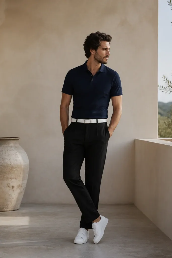 Black linen pants paired with a navy polo shirt, white leather belt, and clean white sneakers. The polo has a short placket and sits smooth across the chest.