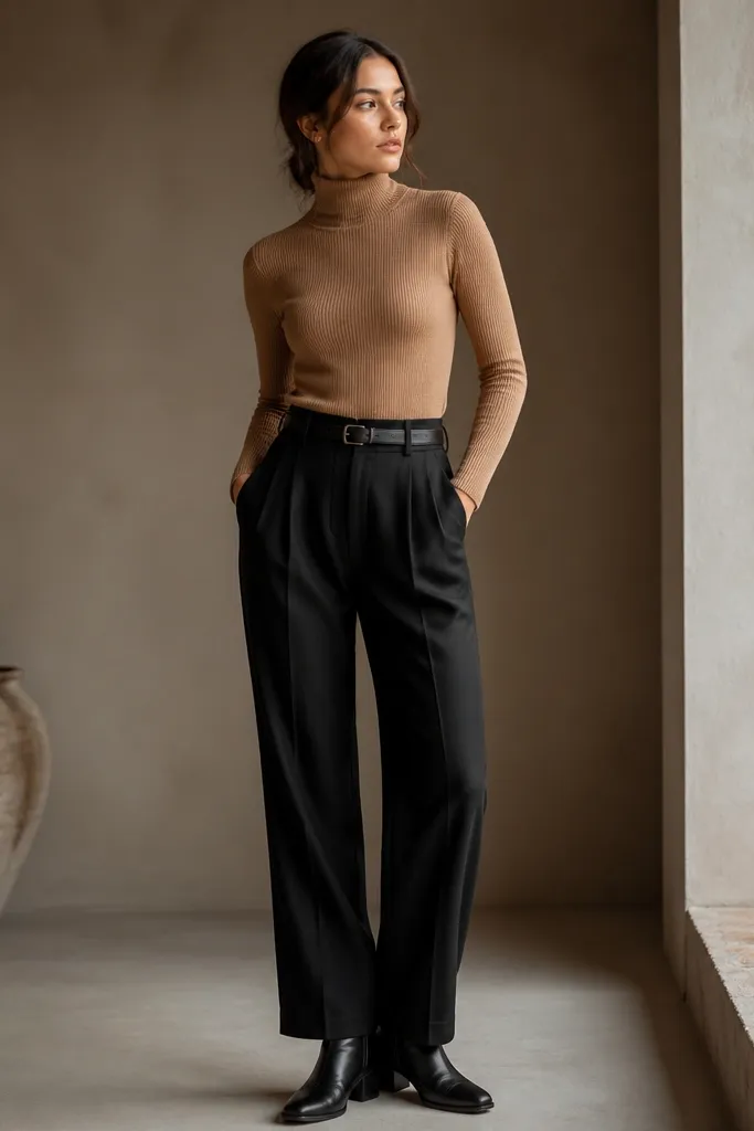 Black linen pants with a camel knit turtleneck top tucked in neatly. Black leather boots and a slim belt are shown; the turtleneck collar is snug.