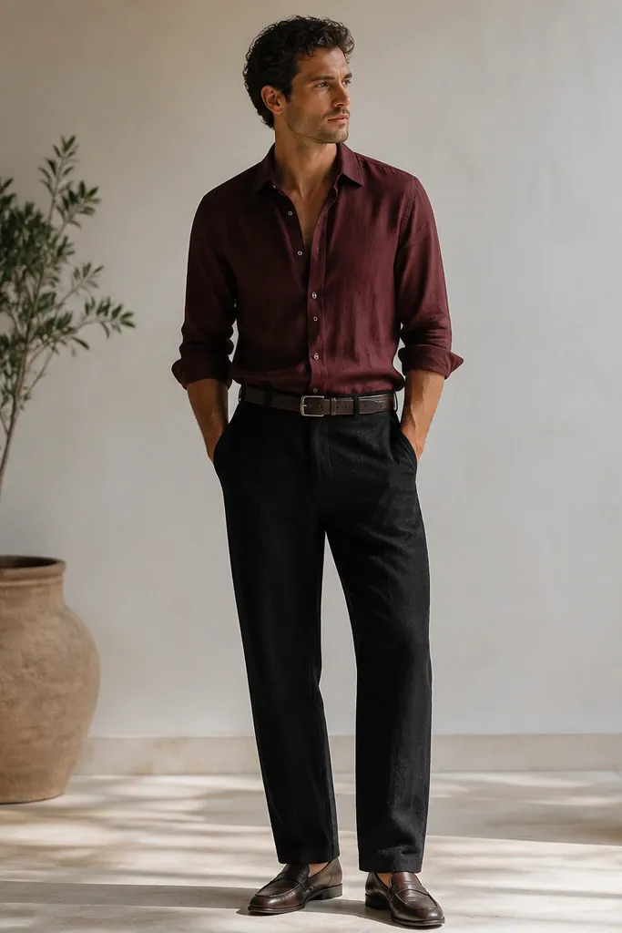 Black linen pants with a burgundy long-sleeve button-up rolled at the forearms. Dark brown loafers and a matching belt are visible.
