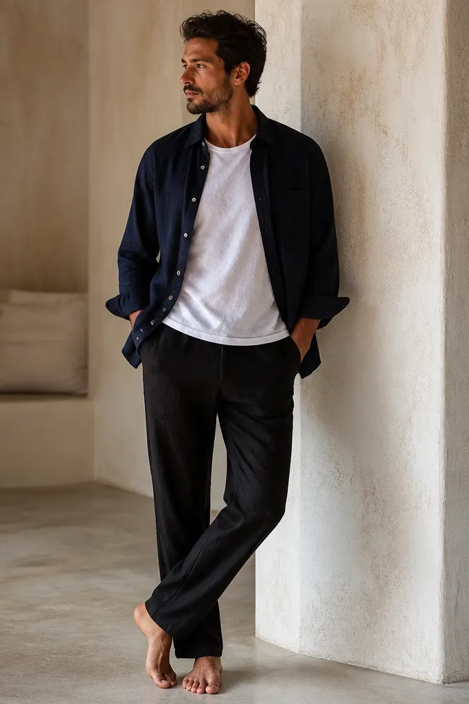 Black linen pants with a plain white linen tee under an unbuttoned navy overshirt. The overshirt hangs open and the neckline shows a bit of the tee.