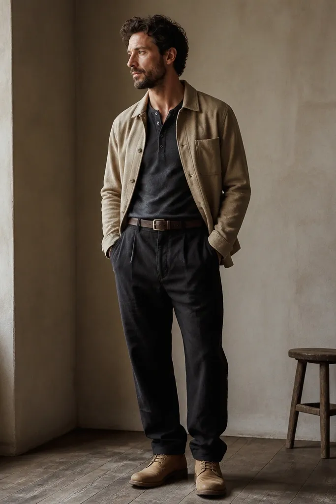Black linen pants paired with a charcoal henley shirt. Over it, a light tan chore jacket is worn open, with tan work boots and a simple belt.