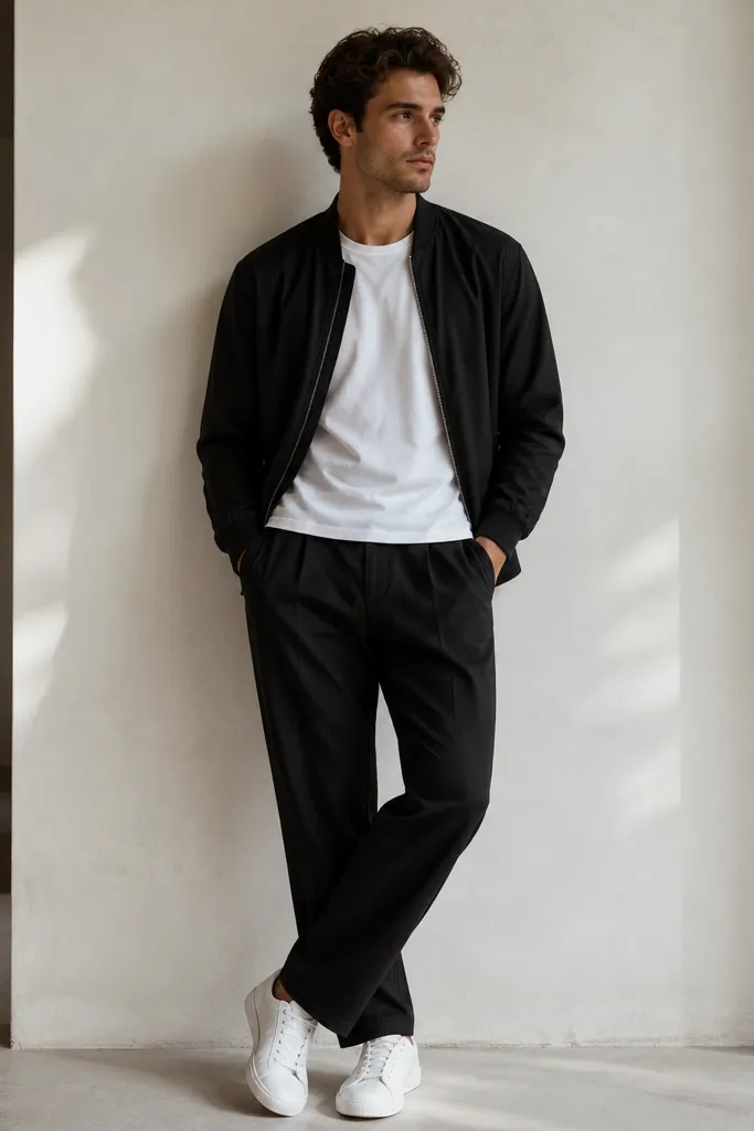 Black linen pants with a plain white crewneck tee, a black bomber jacket worn open, and clean white sneakers. The bomber has a smooth finish and ribbed cuffs.
