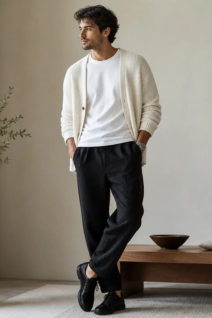 Black linen pants with a white tee and an ivory knit cardigan worn open. Black sneakers and a silver watch are shown.