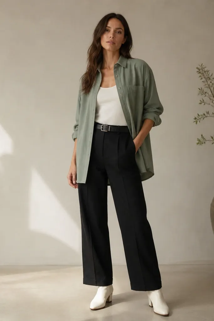 Black linen pants paired with a sage green overshirt worn open. White ankle boots or white leather boots and a simple belt are shown.