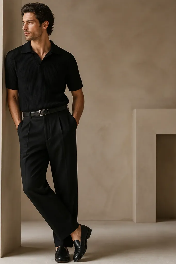 Black linen pants paired with a black textured knit shirt (subtle rib or waffle texture), black leather loafers, and a black belt. The outfit is monochrome with visible fabric differences.