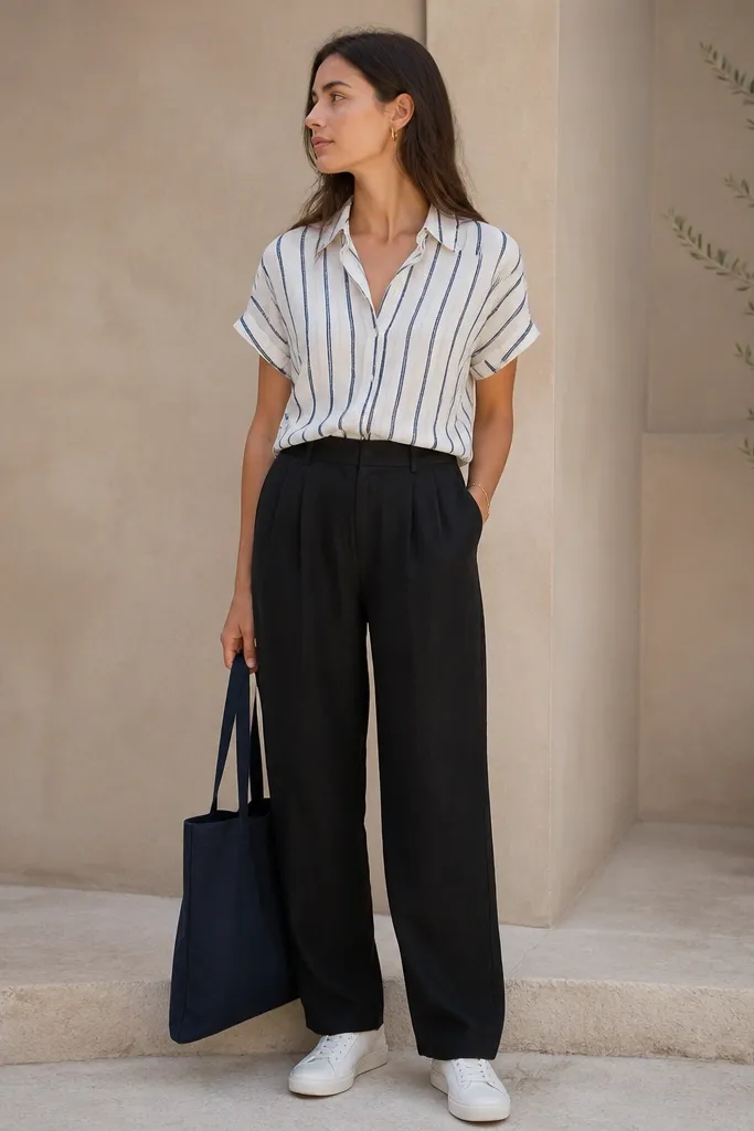 Black linen pants with a white-and-navy short-sleeve button shirt, worn with the front tucked. A navy tote bag hangs at the side, and the shoes are white sneakers.