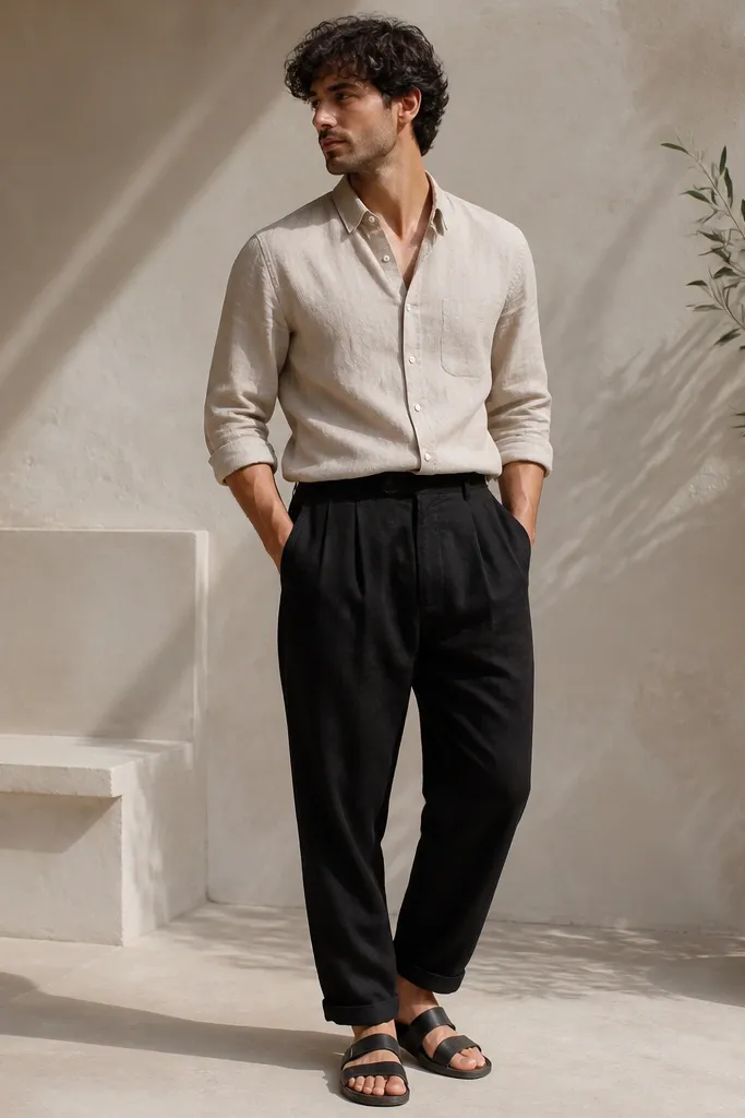 Budget-friendly black linen pants outfit men