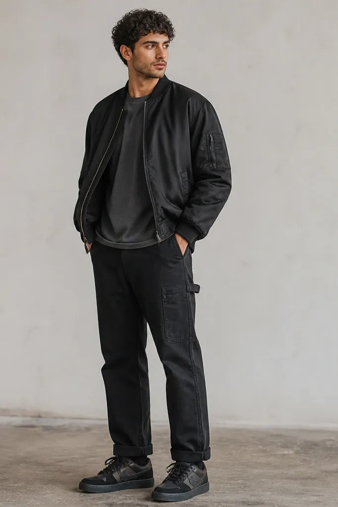 A model wearing a charcoal short-sleeve tee, black carpenter pants with visible side utility pockets, and a matte black bomber jacket. Black Travis Scott-style sneakers sit under a slightly cuffed pant hem.