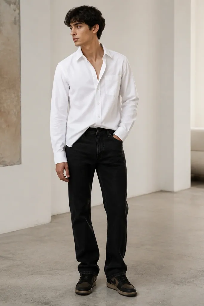 A model in a white oxford button-down worn half-tucked into black straight-leg jeans. The shirt has the top two buttons open, and black Travis Scott shoes show under a neat jean break.