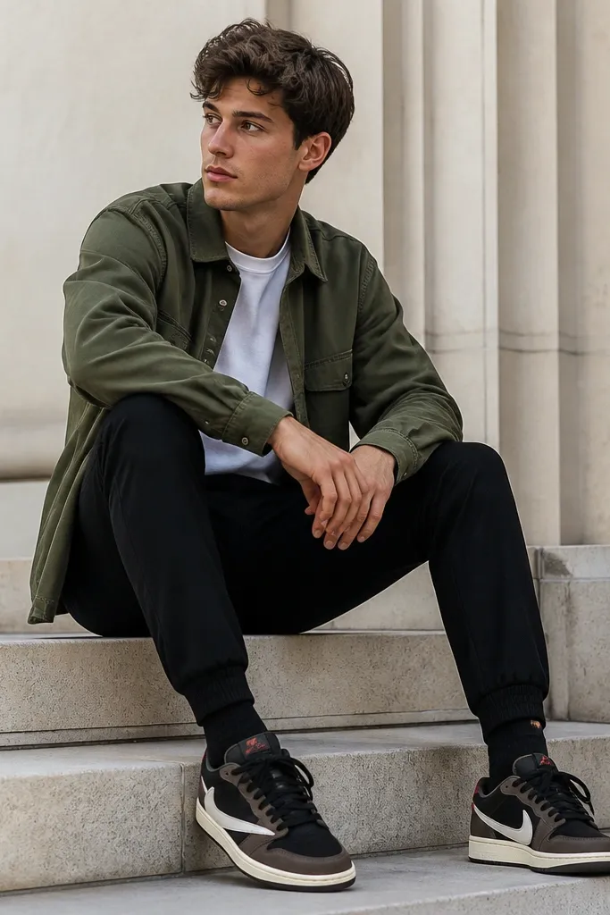 A model wearing a crisp white crewneck tee under an olive overshirt. Black joggers are tapered with a cuff at the ankle, and black Travis Scott sneakers show clearly.