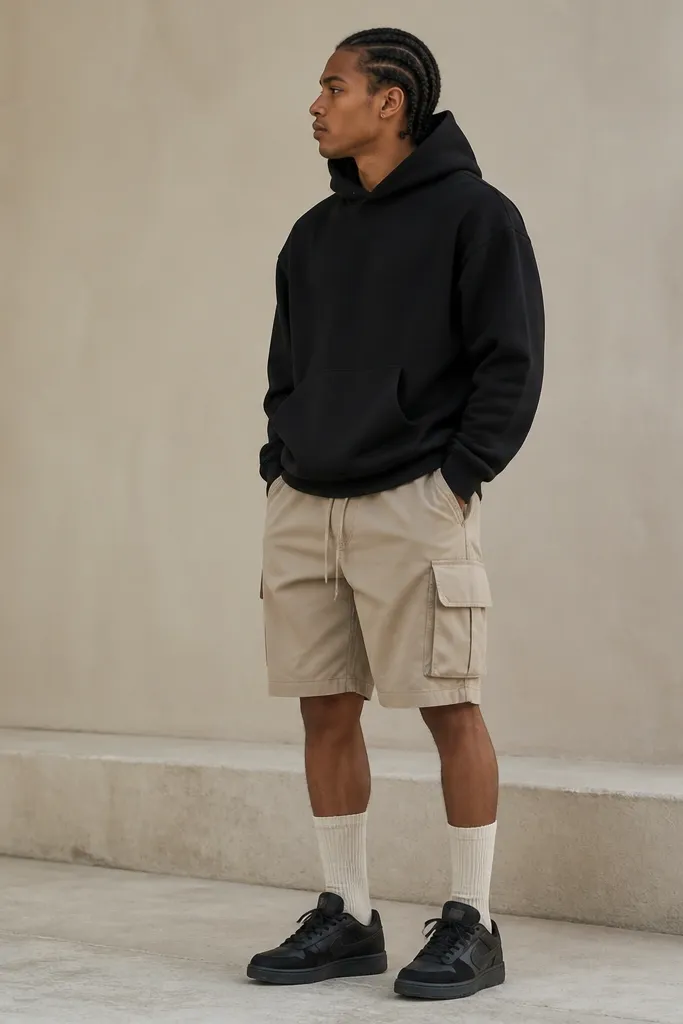 A model in a black hoodie worn with stone-beige cargo shorts and tall crew socks. Black Travis Scott-style sneakers are visible above the sock cuff line.