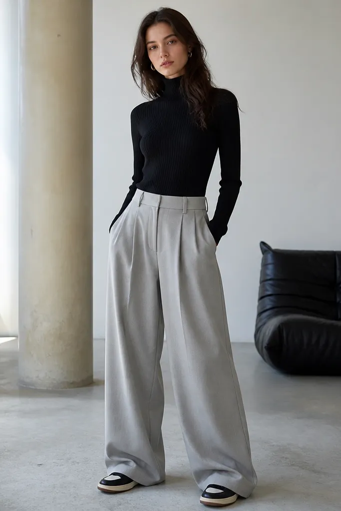 A model wearing a black ribbed turtleneck tucked into light gray wide-leg trousers. The trousers fall in soft folds and the black Travis Scott shoes peek out at the hem.