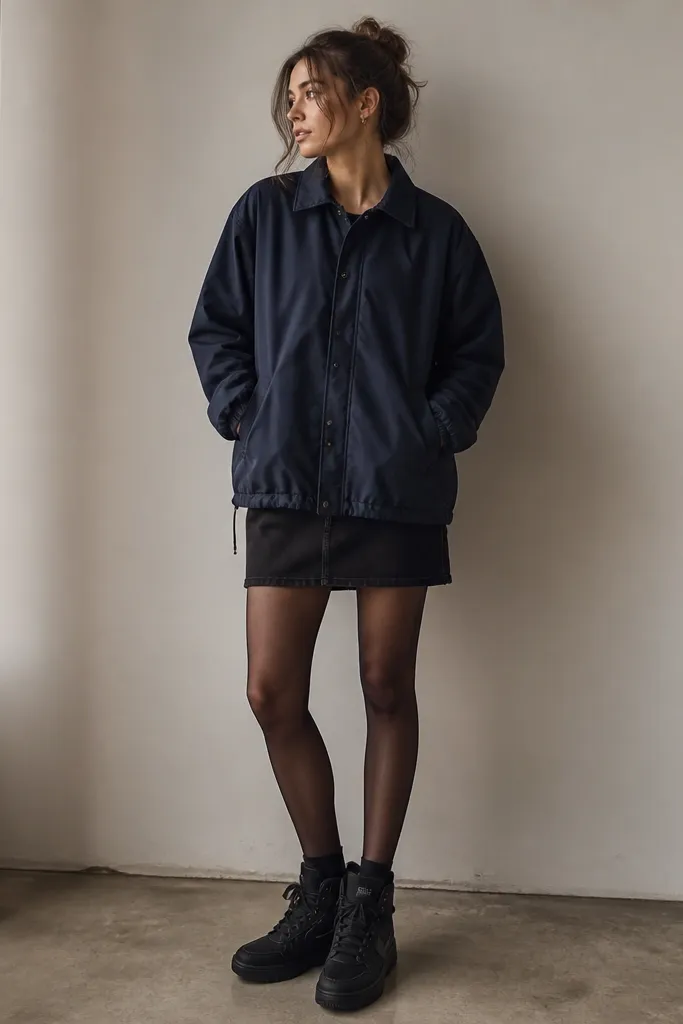 A model wearing a navy coach jacket over a black denim skirt. The outfit includes black tights and black Travis Scott shoes that resemble a boot-sneaker hybrid.