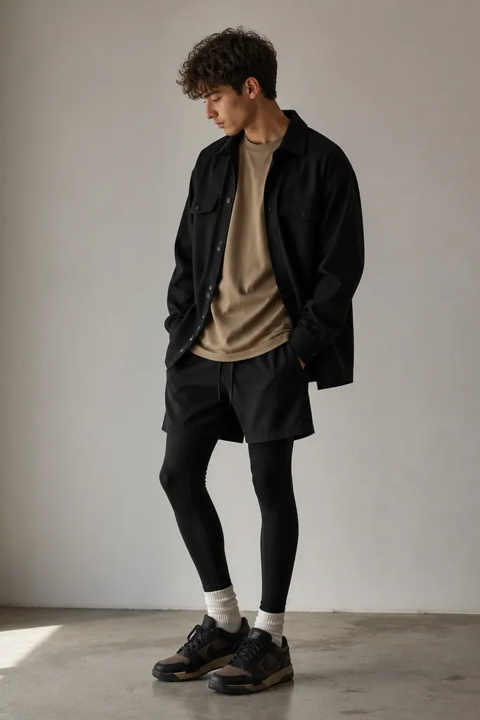 A model wearing a black overshirt over a tan short-sleeve tee. Black shorts are worn over black tights, and black Travis Scott shoes are paired with visible sock cuffs.