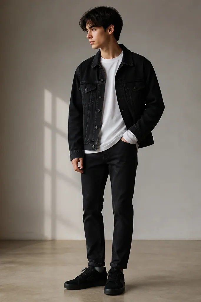 A model in a white long-sleeve tee under a black denim jacket. They wear black slim jeans with a clean ankle break and black Travis Scott sneakers.